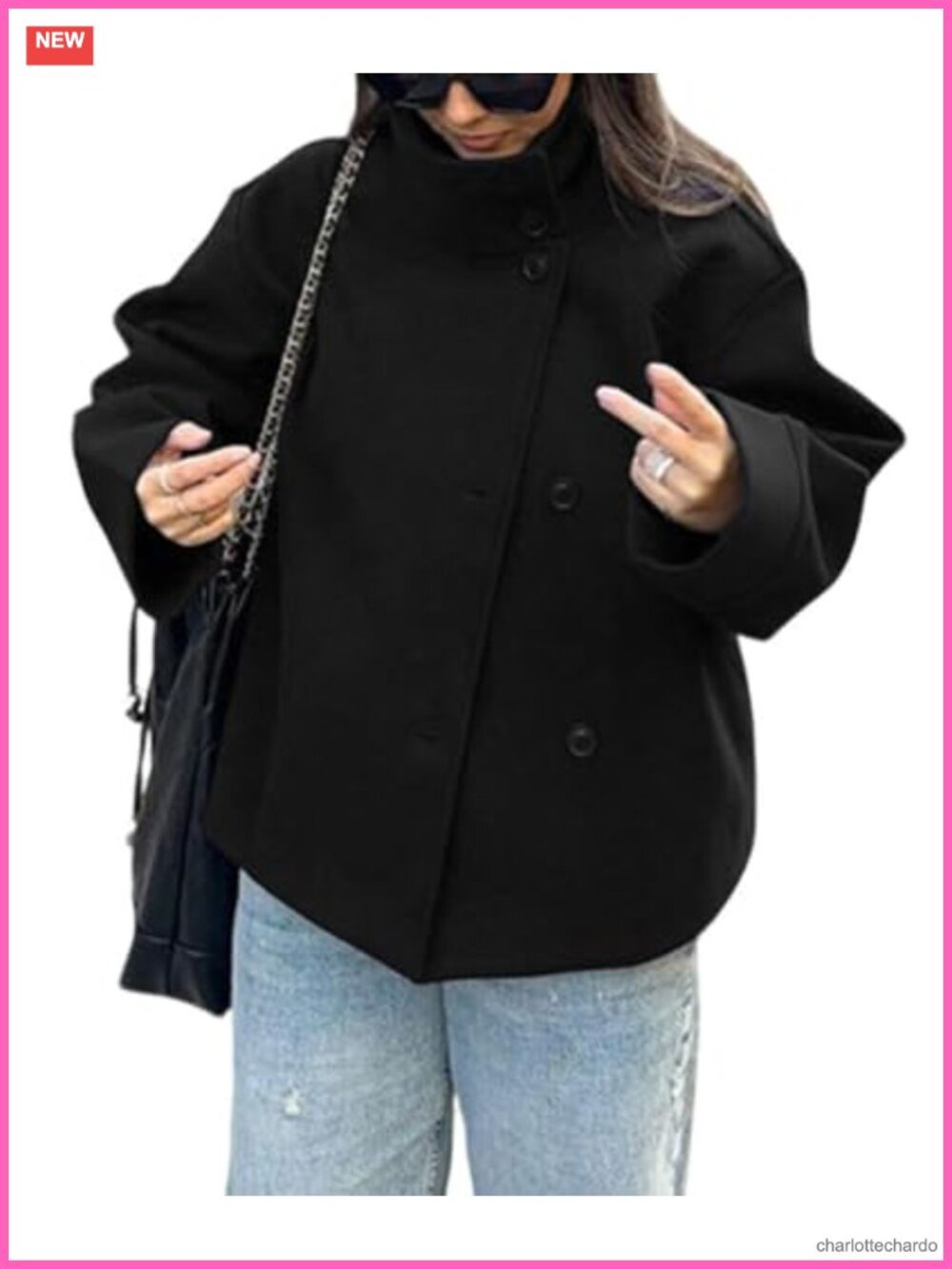 Wool Blend Crop Pea Coat Loose Fit Winter Short Jacket Outwear